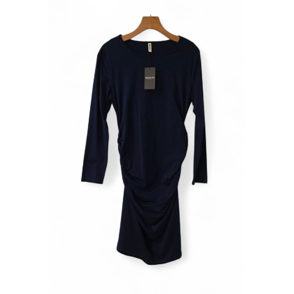 Missufe Bodycon Dress Ruched Midi Fitted Long Sleeve Stretch Navy Blue Large NEW